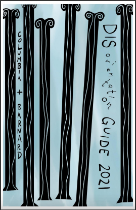 zine cover: black stylized columns on light blue