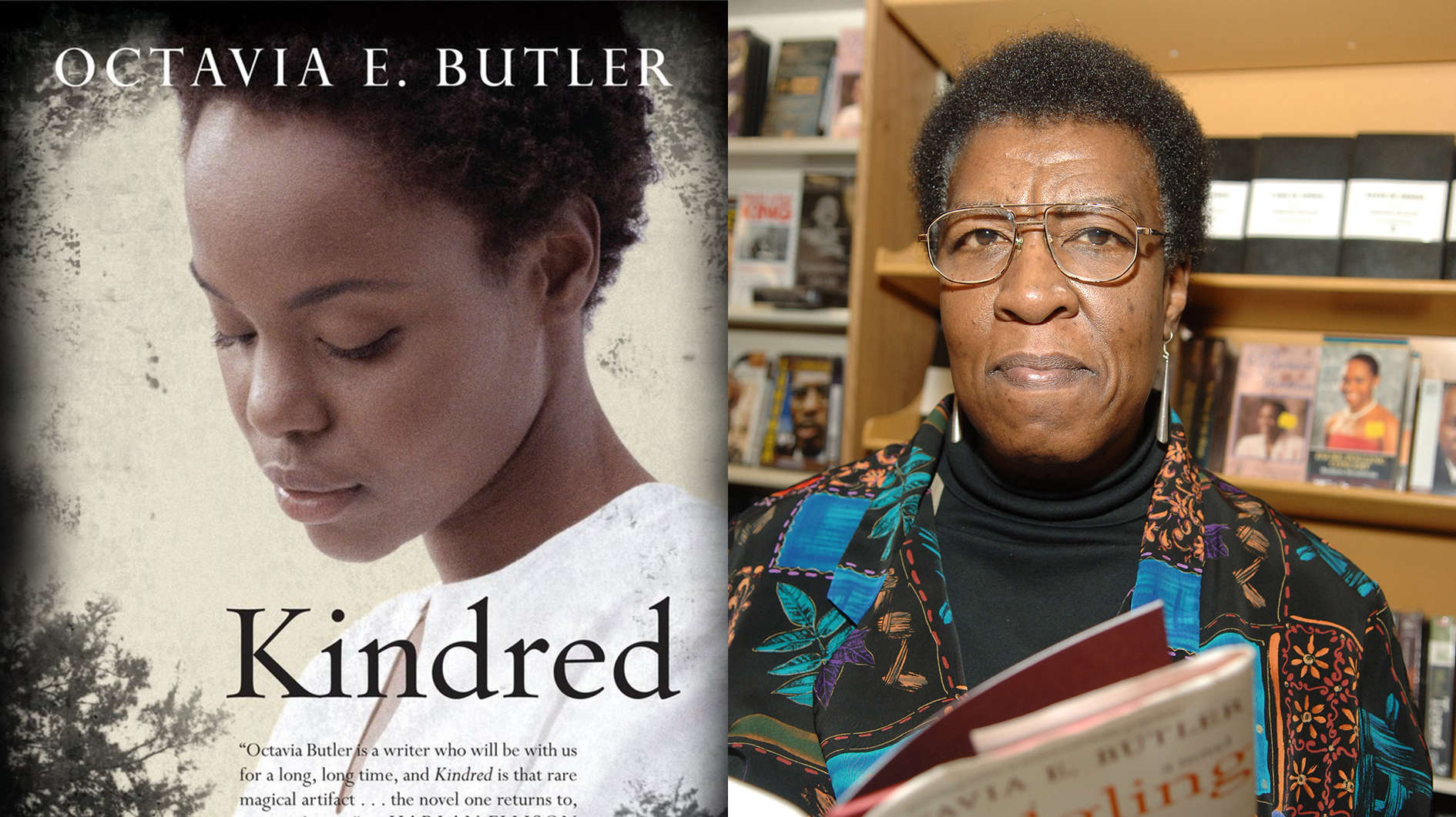 Side by side view, cover of novel Kindred next to portrait of the author, Octavia Butler. Penguin Random House/ Getty Images