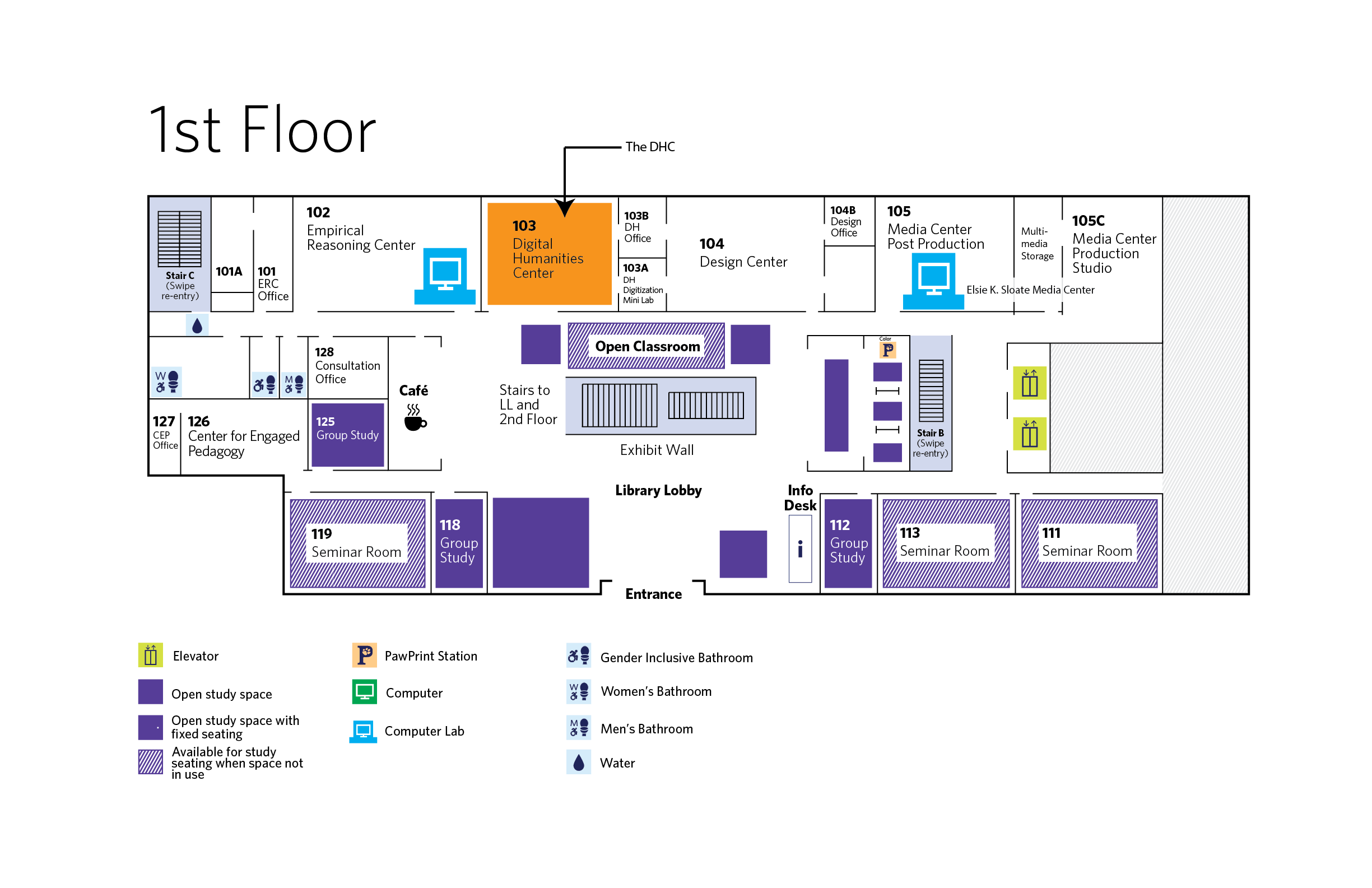 map showing DHC location; entrance to the DHC is on the western side of Milstein, between the Design Center and ERC