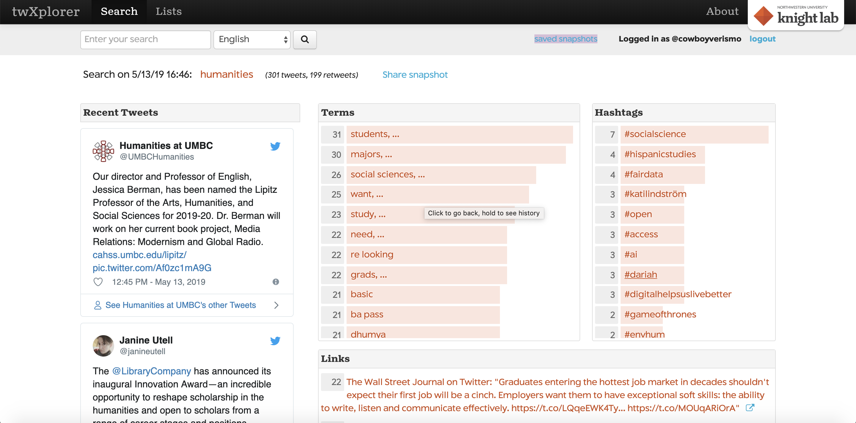 Screencap of the twXploder display: on the left recent tweets, in the middle a list of commonly used terms, on the right a list of hashtags, and below related links