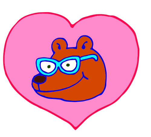 Cartoon illustration of Millie the bear with glasses on, smiling, inside a pink heart