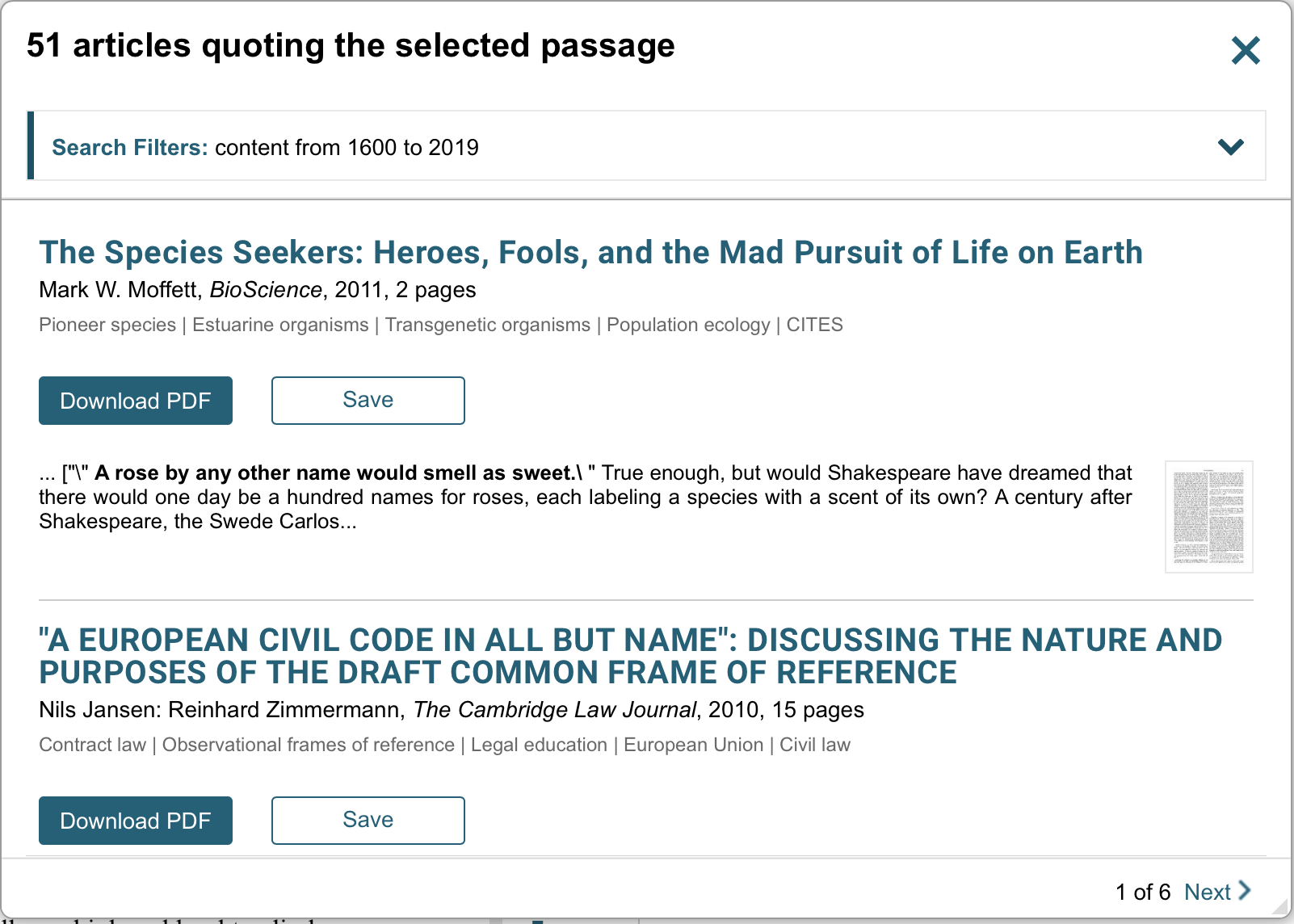 Screencap of a dialogue box saying "51 articles quoting the selected passage" and two of those articles -- from a biology journal and a law journal