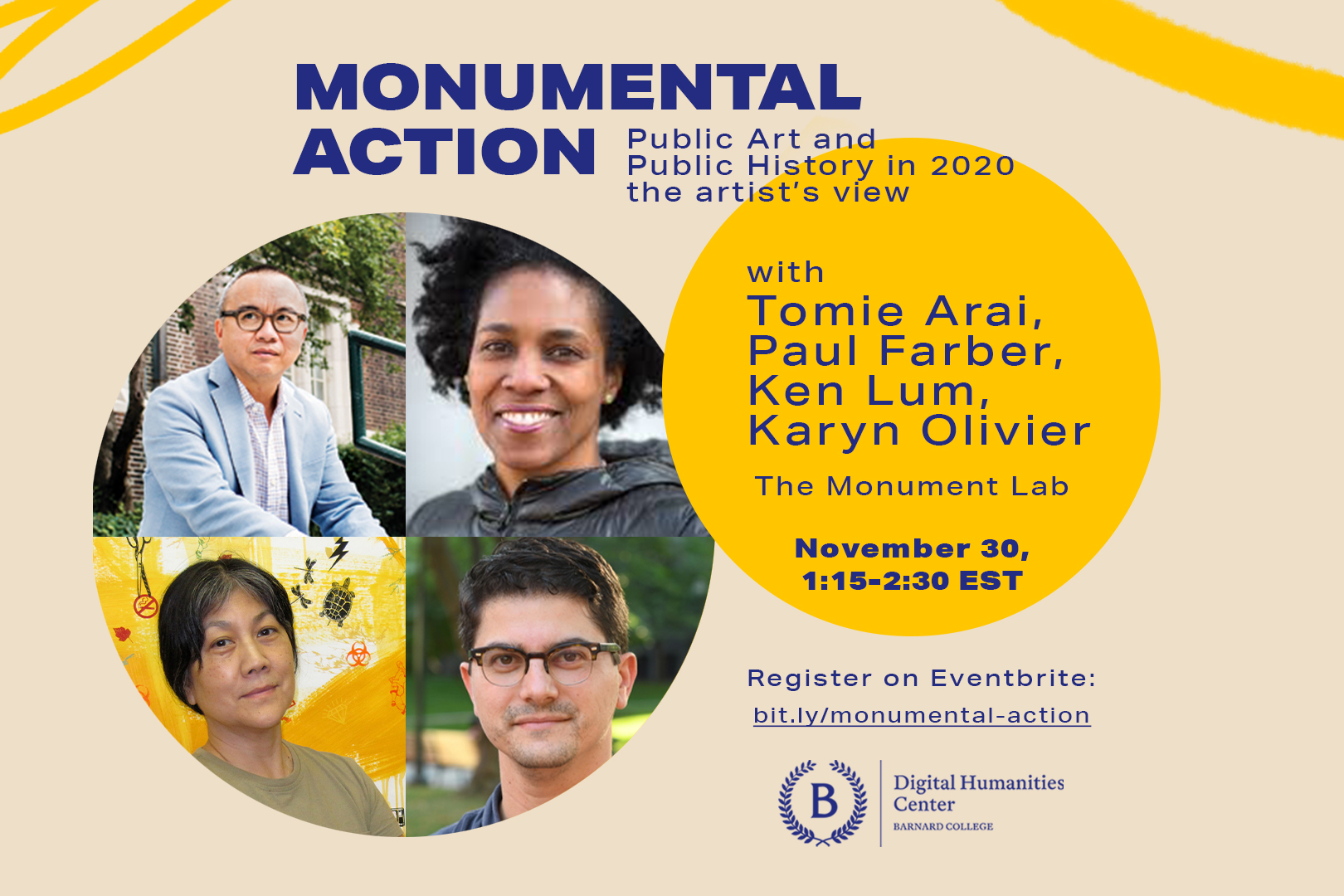 Poster for third Monumental Action event featuring portraits of Monument Lab artists