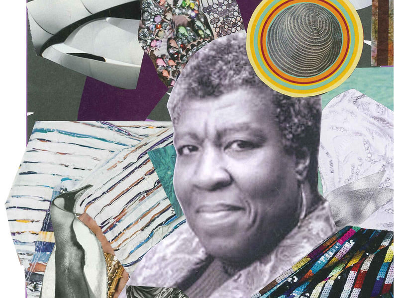 Paper collage created by Alexis Pauline Gumbs depicting Octavia Butler. 