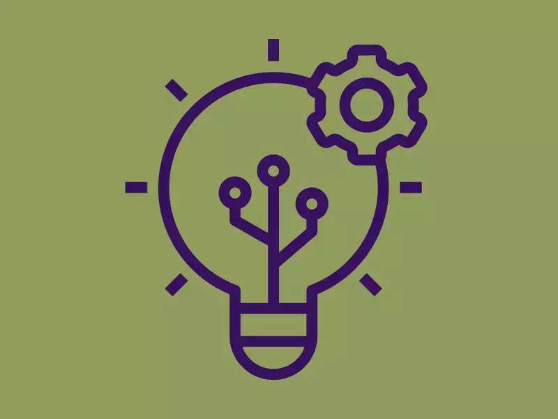 Purple lightbulb icon with a gear on the upper right edge of the glass bulb. Icon is overlaid on green background. 