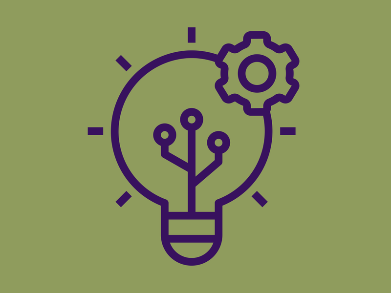 Purple lightbulb icon with a gear on the upper right edge of the glass bulb. Icon is overlaid on green background. 