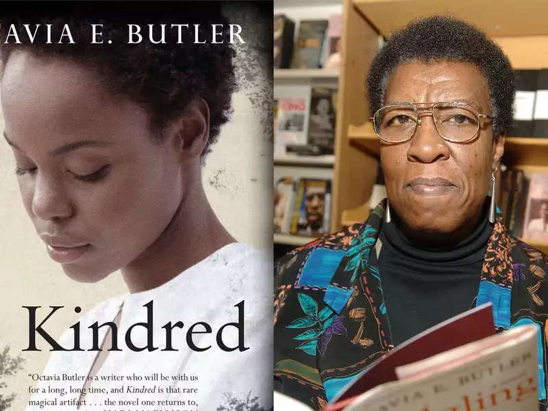 Side by side view, cover of novel Kindred next to portrait of the author, Octavia Butler. Penguin Random House/ Getty Images